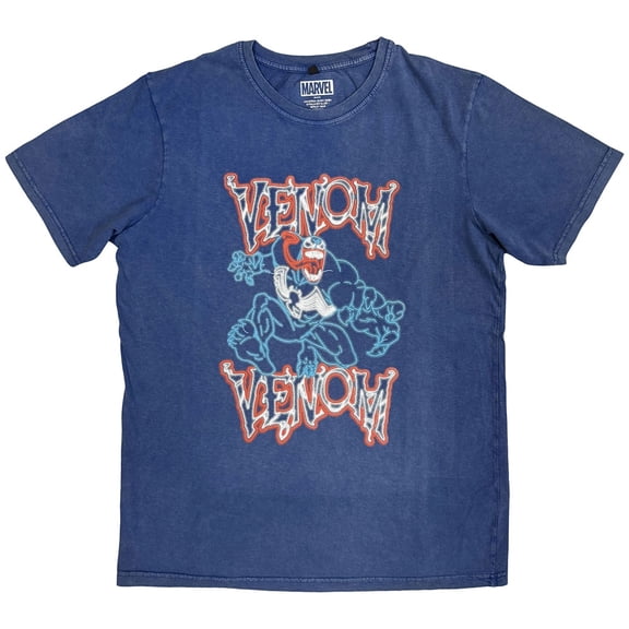 Marvel Comics Unisex Stone Wash T-Shirt Venom Neon Light Outline (Denim Blue) (Medium)
