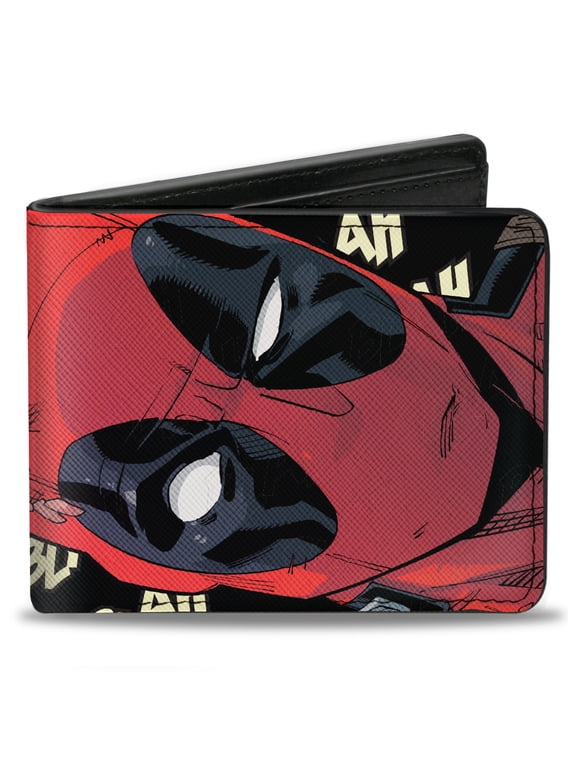 Marvel Comics Wallet, Bifold, Deadpool Face Close Up Blah Blah Blah Text Black Ivory, Vegan Leather