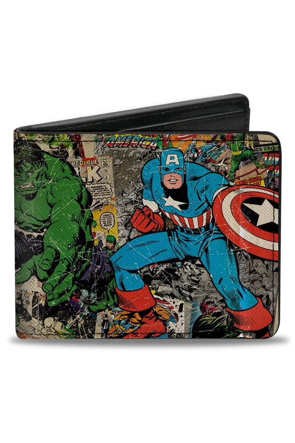 Marvel Comics Wallet, Bifold, Marvel Comics Retro Avengers Group Pose with Comics Books, Vegan Leather