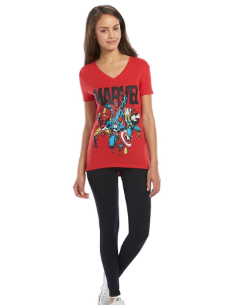 Marvel Comics Womens 2 PC Super Heroes Red V-Neck T-Shirt Black