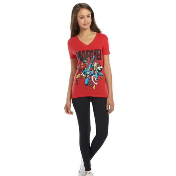 Marvel Comics Womens 2 PC Super Heroes Red V-Neck T-Shirt Black Leggings Set S