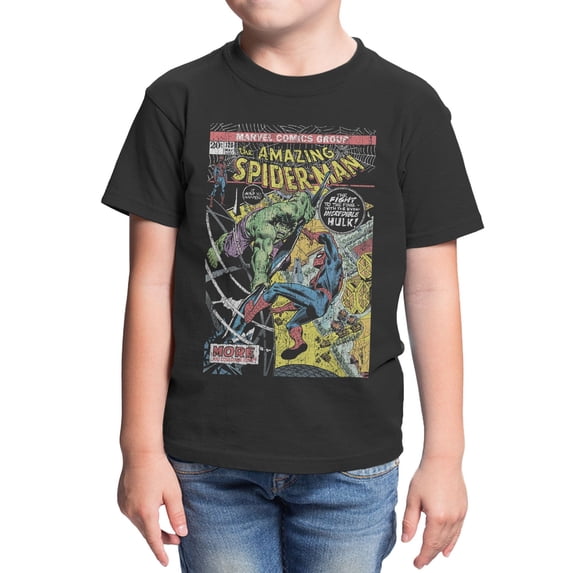 Marvel Comics Cover Hulk Punch Spider-Man Youth T-Shirt (Black, XS-XL)