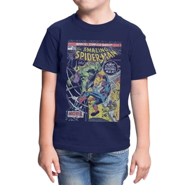 Marvel Comics Cover Hulk Punch Spider-Man Youth T Shirt (Navy, XS-XL)