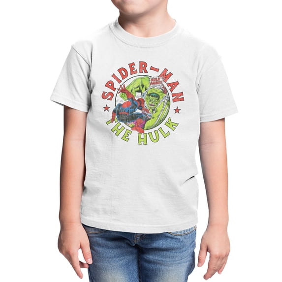Marvel Comics Hulk Smash Spider-man Circle Youth T Shirt (White, XS-XL)