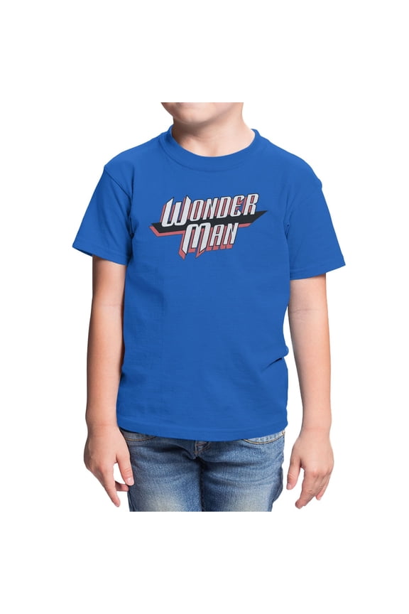 Comics Wonder Man Slant Text Youth T Shirt (Royal, XS-XL)
