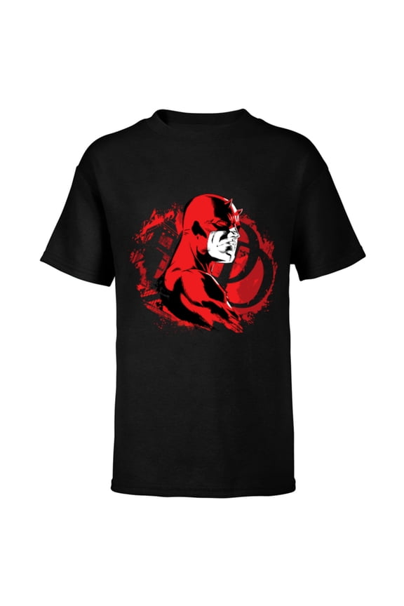 Daredevil Super Hero Comic Art City and DD Symbol - Short Sleeve T-Shirt for Kids - Customized-Black