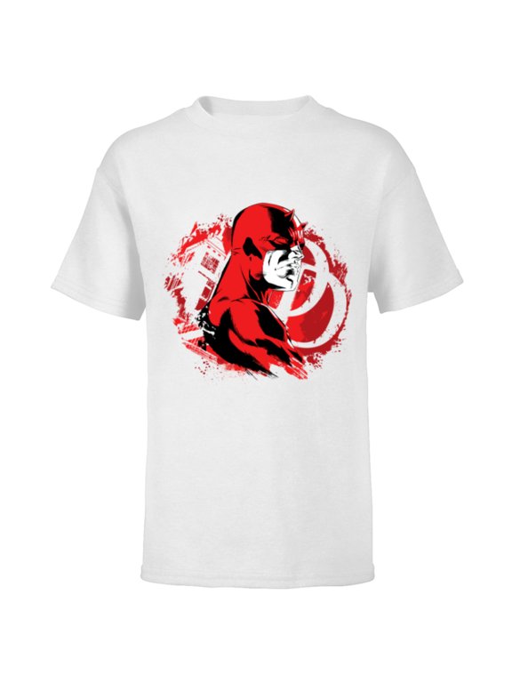 Daredevil Super Hero Comic Art City and DD Symbol - Short Sleeve T-Shirt for Kids - Customized-White