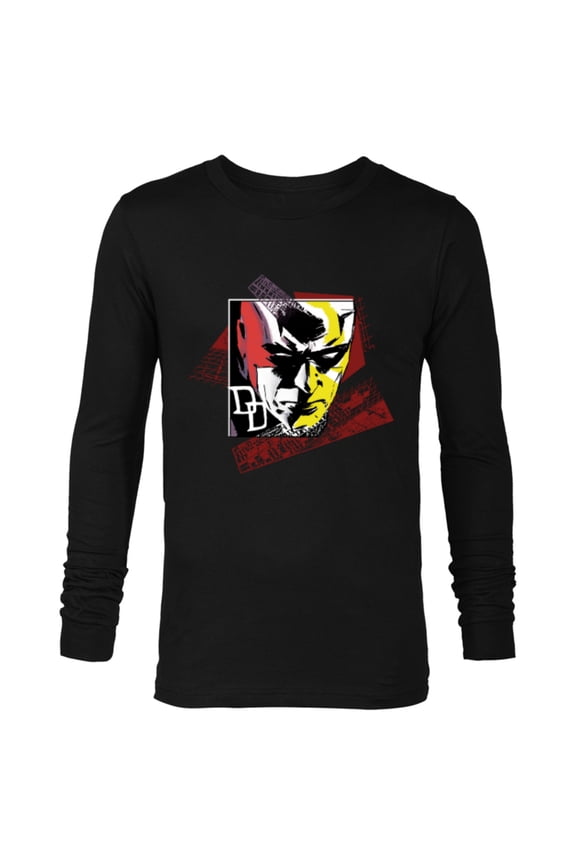 Daredevil Super Hero Comic Art Face and DD Logo - Long Sleeve T-Shirt for Men - Customized-Black
