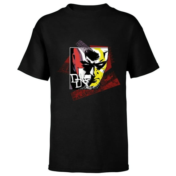 Marvel Daredevil Super Hero Comic Art Face and DD Logo - Short Sleeve T-Shirt for Kids - Customized-Black