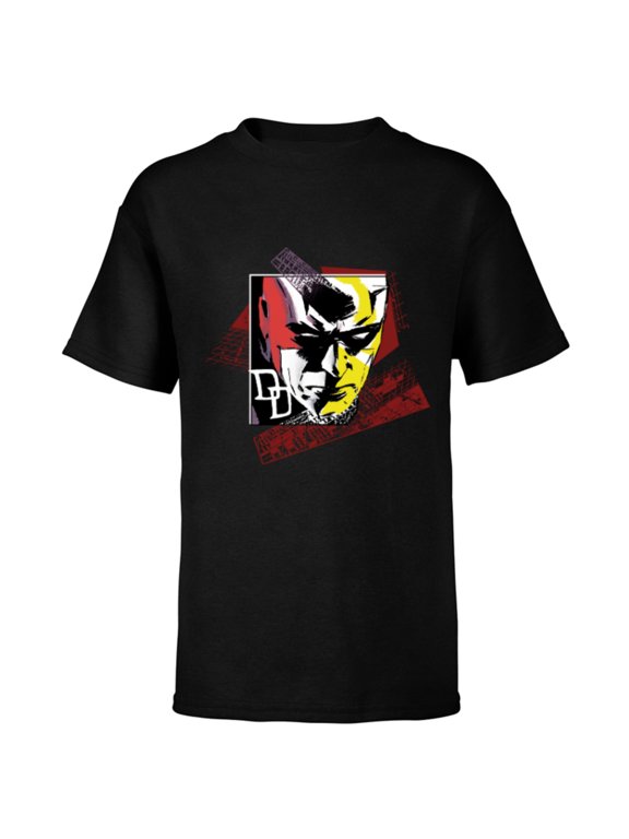 Daredevil Super Hero Comic Art Face and DD Logo - Short Sleeve T-Shirt for Kids - Customized-Black