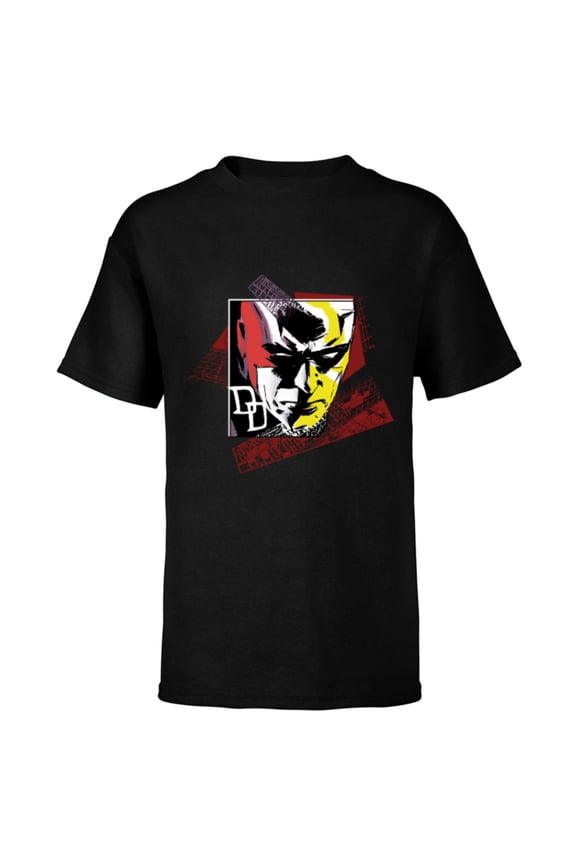 Daredevil Super Hero Comic Art Face and DD Logo - Short Sleeve T-Shirt for Kids - Customized-Black