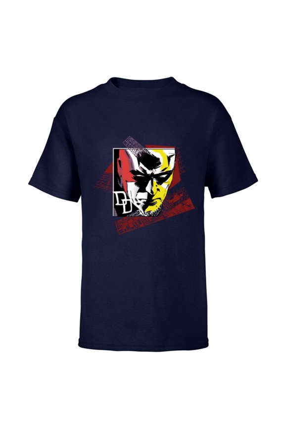 Daredevil Super Hero Comic Art Face and DD Logo - Short Sleeve T-Shirt for Kids - Customized-Navy