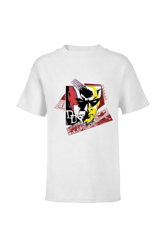 Daredevil Super Hero Comic Art Face and DD Logo - Short Sleeve T-Shirt for Kids - Customized-White