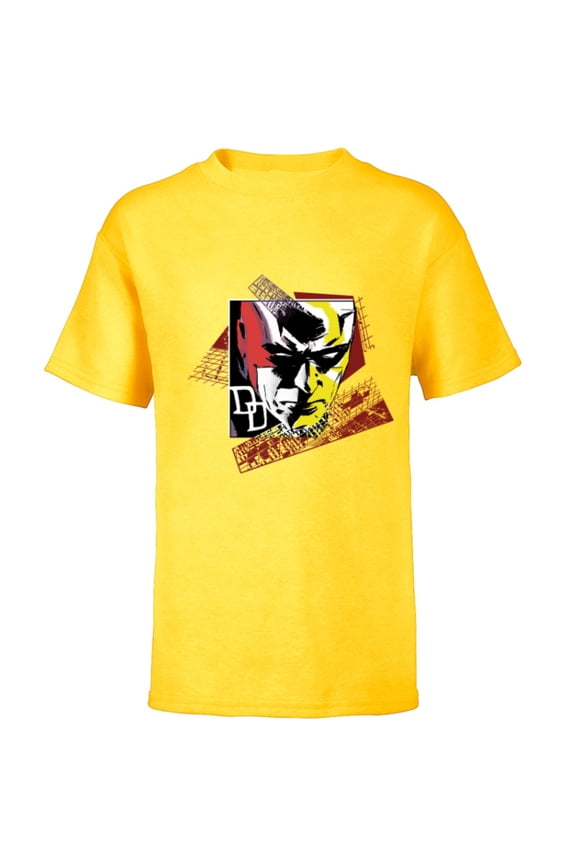 Daredevil Super Hero Comic Art Face and DD Logo - Short Sleeve T-Shirt for Kids - Customized-Yellow