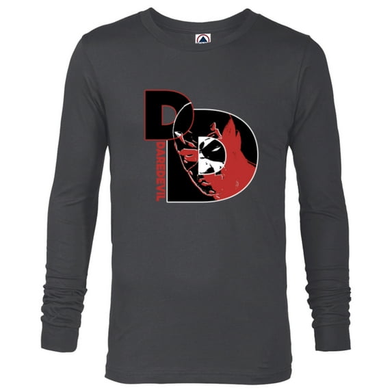 Marvel Daredevil Super Hero Comic Art Face in DD Symbol - Long Sleeve T-Shirt for Men - Customized-Charcoal Heather