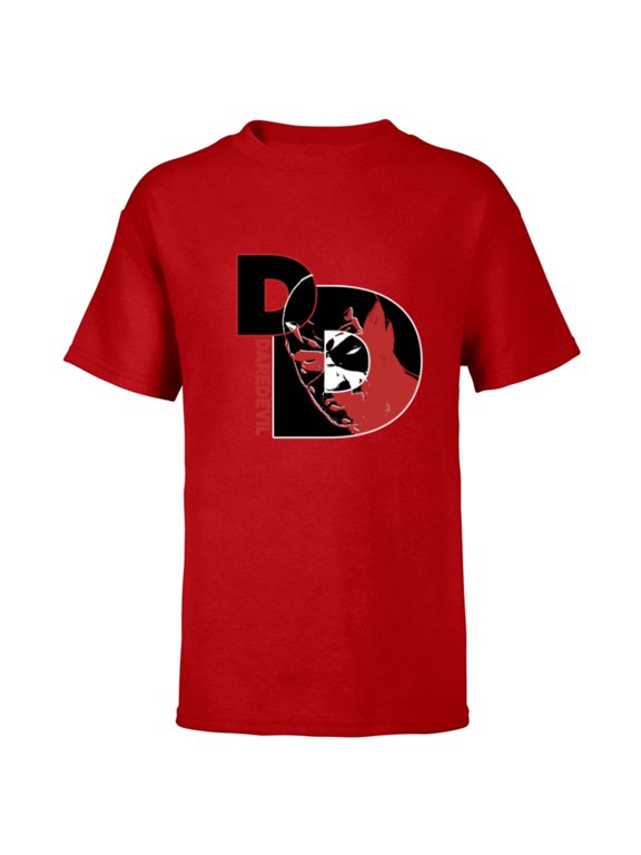 Daredevil Super Hero Comic Art Face in DD Symbol - Short Sleeve T-Shirt for Kids - Customized-Red
