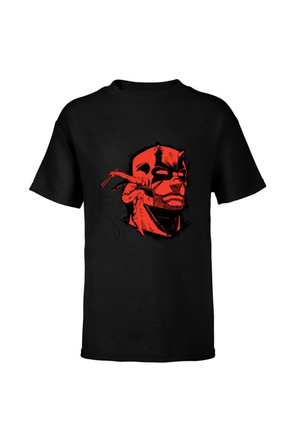 Daredevil Super Hero Comic Art Red & Black Face Raw - Short Sleeve T-Shirt for Kids - Customized-Black