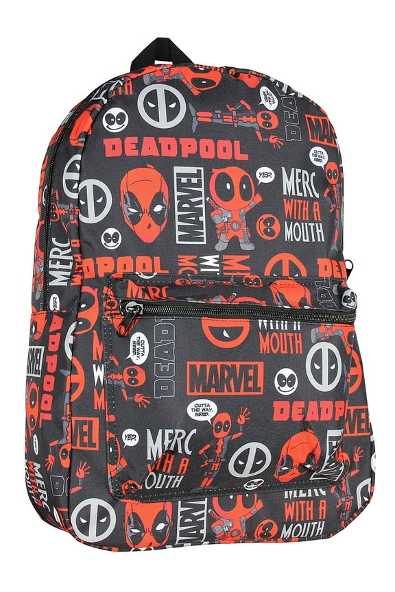Marvel Deadpool Backpack Merc With A Mouth Verbiage All Over Print Laptop Travel Backpack 17"