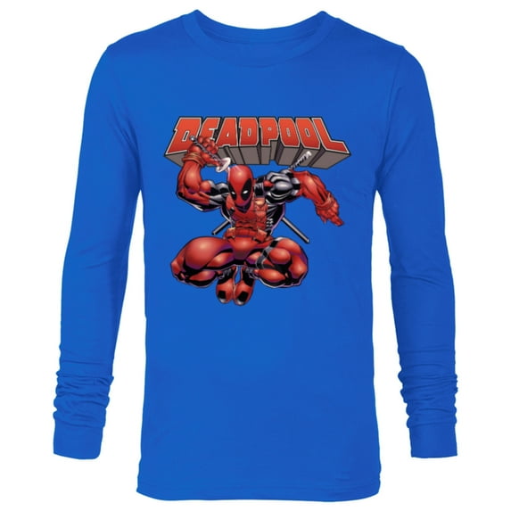 Marvel Deadpool Drawing Sword Action Pose Comic Cover Art - Long Sleeve T-Shirt for Men - Customized-Navy
