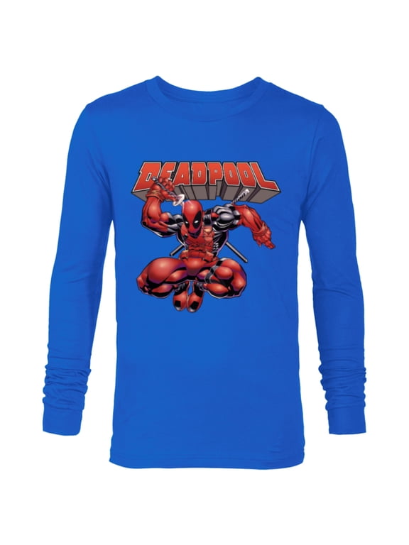 Deadpool Drawing Sword Action Pose Comic Cover Art - Long Sleeve T-Shirt for Men - Customized-Navy