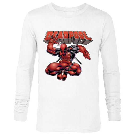Marvel Deadpool Drawing Sword Action Pose Comic Cover Art - Long Sleeve T-Shirt for Men - Customized-White