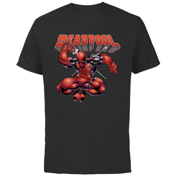 Marvel Deadpool Drawing Sword Action Pose Comic Cover Art - Short Sleeve Cotton T-Shirt for Adults - Customized-Black