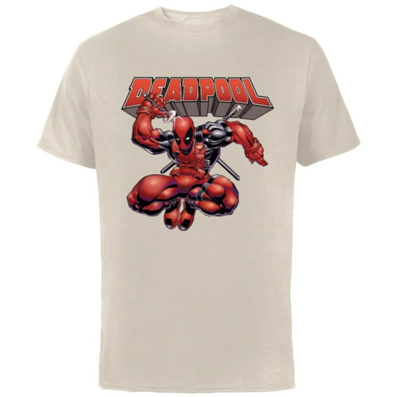 Marvel Deadpool Drawing Sword Action Pose Comic Cover Art - Short Sleeve Cotton T-Shirt for Adults - Customized-Natural