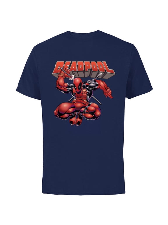 Deadpool Drawing Sword Action Pose Comic Cover Art - Short Sleeve Cotton T-Shirt for Adults - Customized-Navy