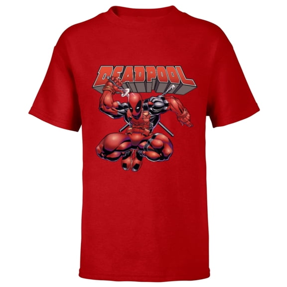 Marvel Deadpool Drawing Sword Action Pose Comic Cover Art - Short Sleeve T-Shirt for Kids - Customized-Red