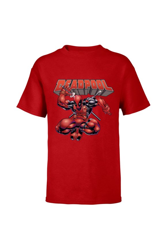 Deadpool Drawing Sword Action Pose Comic Cover Art - Short Sleeve T-Shirt for Kids - Customized-Red