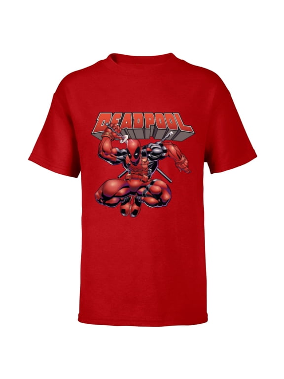 Deadpool Drawing Sword Action Pose Comic Cover Art - Short Sleeve T-Shirt for Kids - Customized-Red