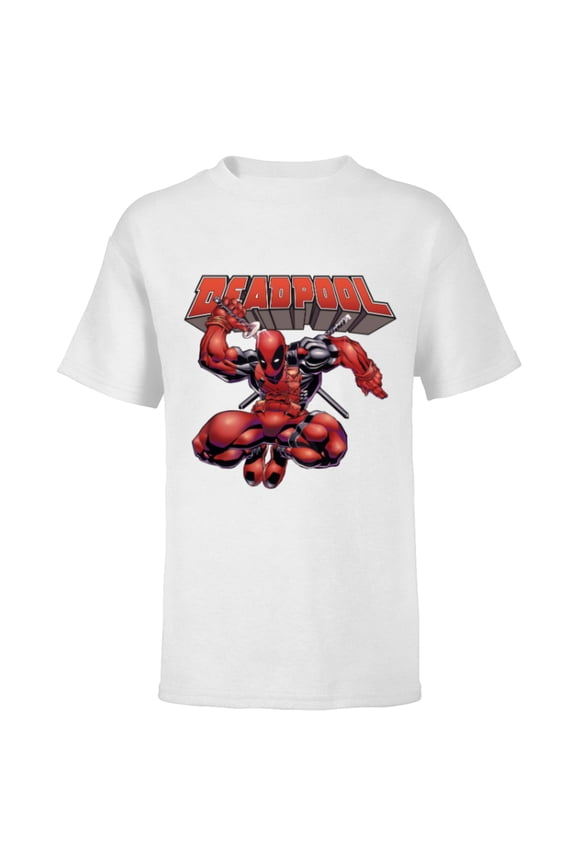 Deadpool Drawing Sword Action Pose Comic Cover Art - Short Sleeve T-Shirt for Kids - Customized-White