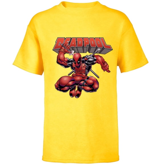 Marvel Deadpool Drawing Sword Action Pose Comic Cover Art - Short Sleeve T-Shirt for Kids - Customized-Yellow