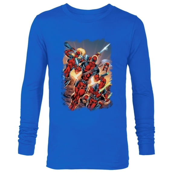 Marvel Deadpool Family Battle Charge Distressed Comic Art- Long Sleeve T-Shirt for Men - Customized-Navy