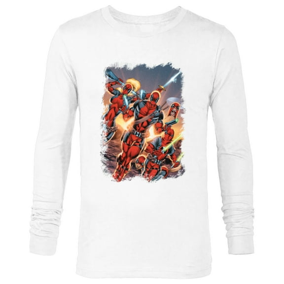 Marvel Deadpool Family Battle Charge Distressed Comic Art- Long Sleeve T-Shirt for Men - Customized-White