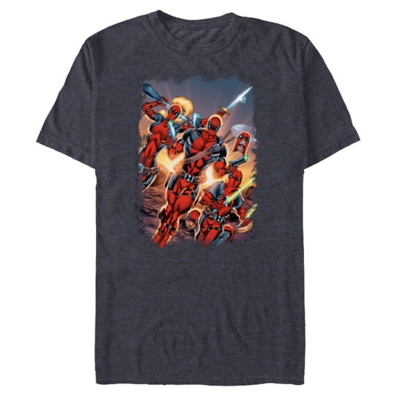 Marvel Deadpool Family Battle Charge Distressed Comic Art- Short Sleeve Blended T-Shirt for Adults - Customized-Navy Heather