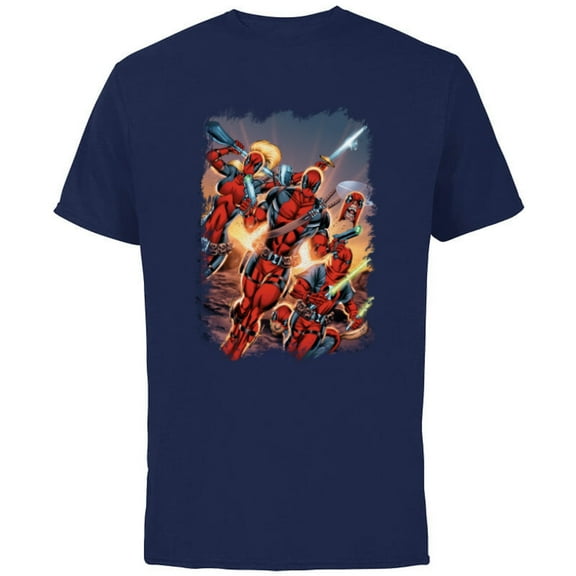 Marvel Deadpool Family Battle Charge Distressed Comic Art- Short Sleeve Cotton T-Shirt for Adults - Customized-Navy