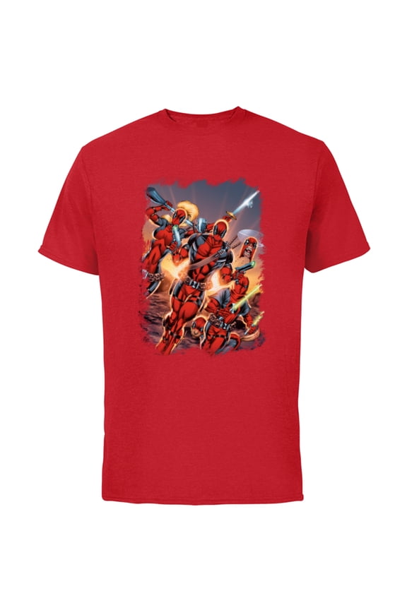 Deadpool Family Battle Charge Distressed Comic Art- Short Sleeve Cotton T-Shirt for Adults - Customized-Red