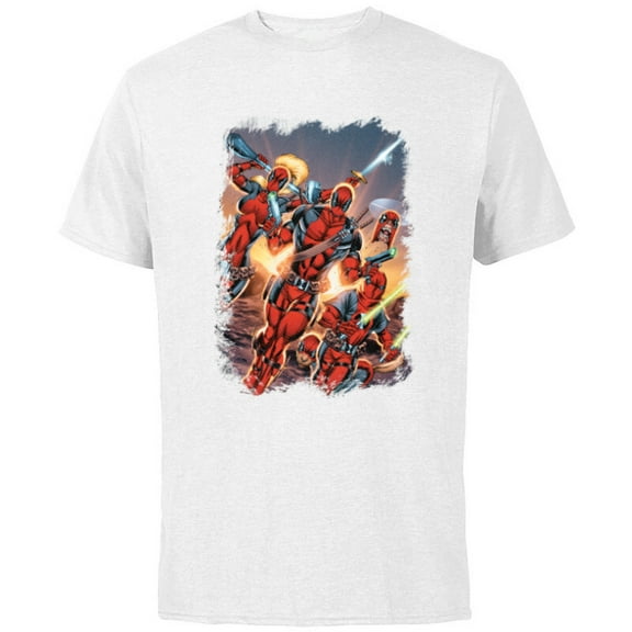 Marvel Deadpool Family Battle Charge Distressed Comic Art- Short Sleeve Cotton T-Shirt for Adults - Customized-White
