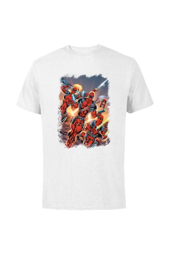 Deadpool Family Battle Charge Distressed Comic Art- Short Sleeve Cotton T-Shirt for Adults - Customized-White