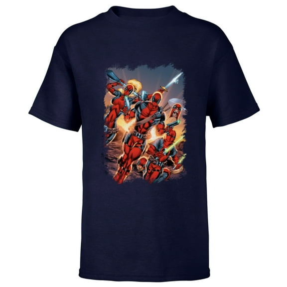 Marvel Deadpool Family Battle Charge Distressed Comic Art- Short Sleeve T-Shirt for Kids - Customized-Navy