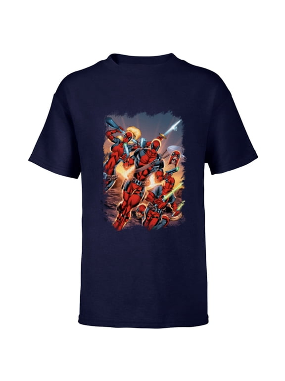 Deadpool Family Battle Charge Distressed Comic Art- Short Sleeve T-Shirt for Kids - Customized-Navy