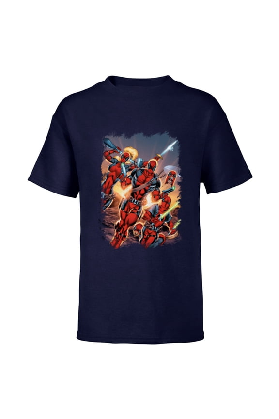 Deadpool Family Battle Charge Distressed Comic Art- Short Sleeve T-Shirt for Kids - Customized-Navy