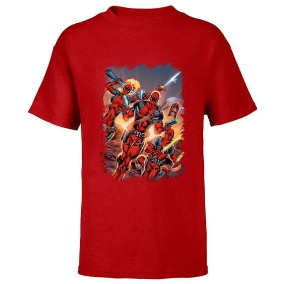 Marvel Deadpool Family Battle Charge Distressed Comic Art- Short Sleeve T-Shirt for Kids - Customized-Red