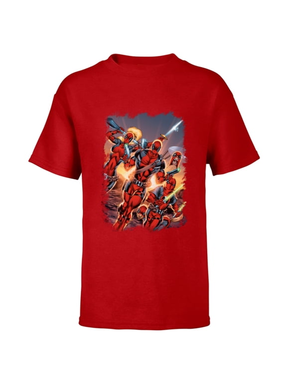Deadpool Family Battle Charge Distressed Comic Art- Short Sleeve T-Shirt for Kids - Customized-Red