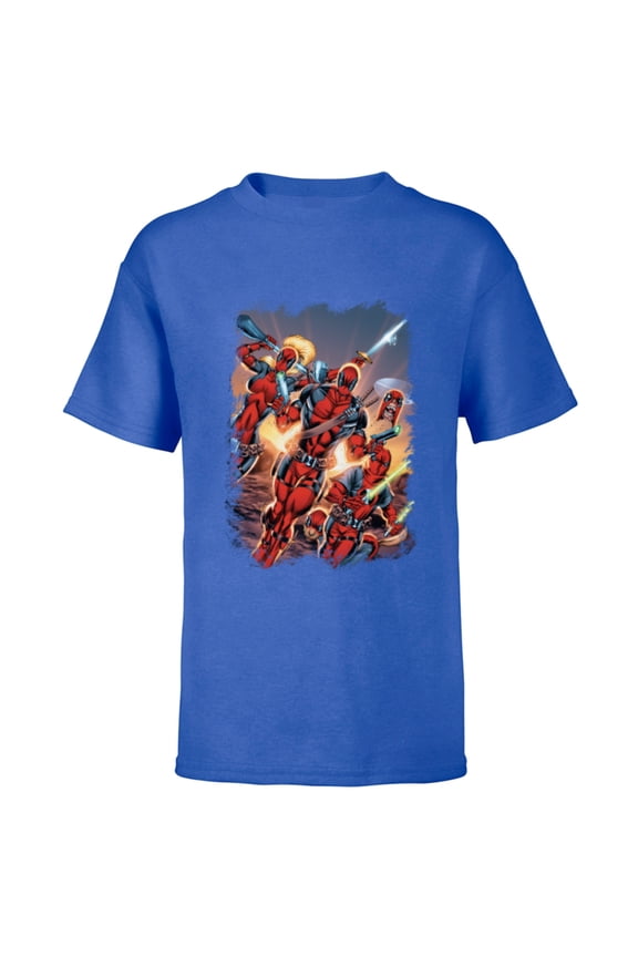 Deadpool Family Battle Charge Distressed Comic Art- Short Sleeve T-Shirt for Kids - Customized-Royal