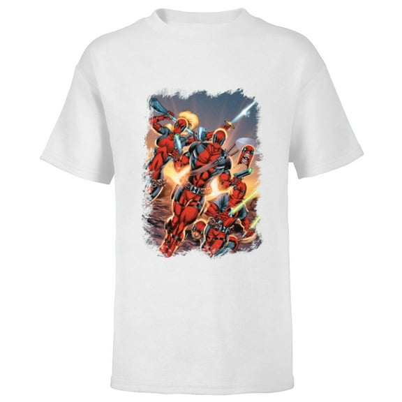Marvel Deadpool Family Battle Charge Distressed Comic Art- Short Sleeve T-Shirt for Kids - Customized-White