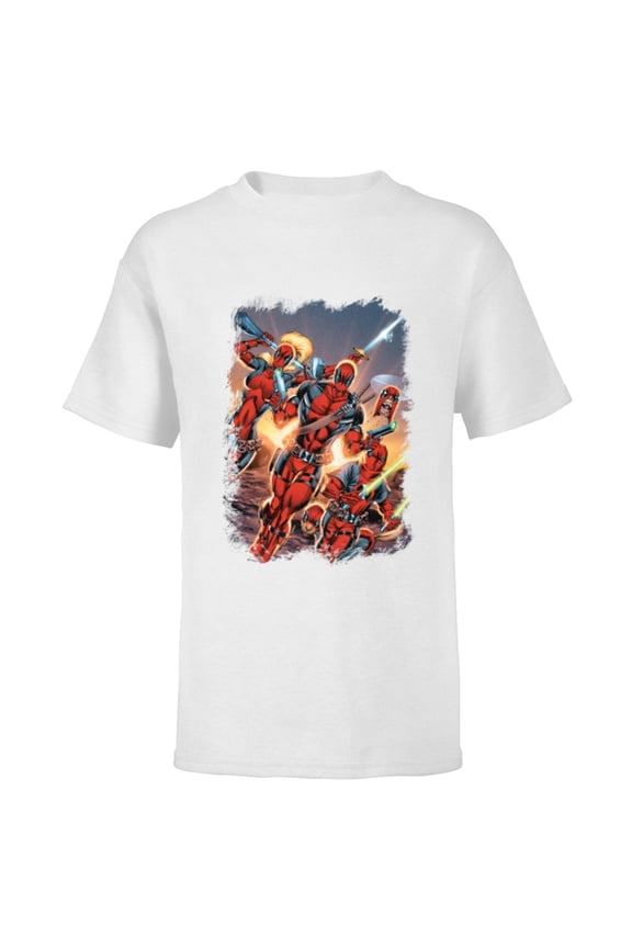 Deadpool Family Battle Charge Distressed Comic Art- Short Sleeve T-Shirt for Kids - Customized-White