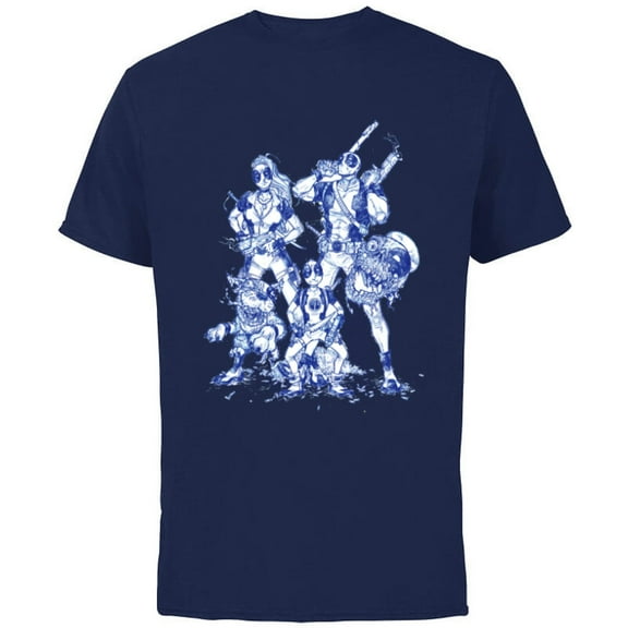 Marvel Deadpool Family Comic Blue Line Sketch Art- Short Sleeve Cotton T-Shirt for Adults - Customized-Navy