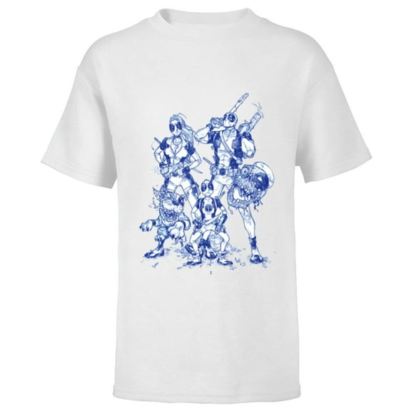 Marvel Deadpool Family Comic Blue Line Sketch Art- Short Sleeve T-Shirt for Kids - Customized-White